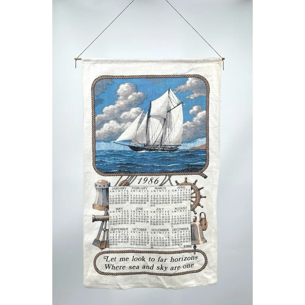 Vintage 1986 Linen Wall Calendar Sailboat Nautical‎ Maritime Hanging 16x27